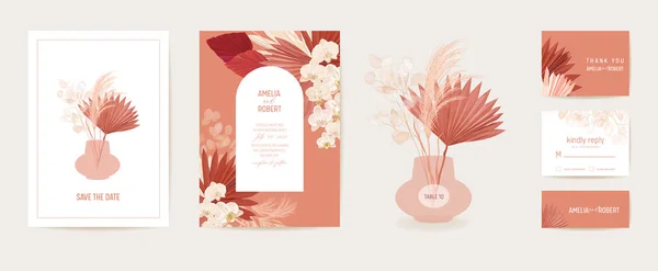 Moderne minimale Art Deco bruiloft vector Uitnodiging set. Boho orchidee, pampas gras, lunaria kaart sjabloon — Stockvector