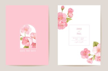 Düğün kiraz çiçekli vektör kartı, egzotik sakura çiçekleri, davetiye bırakır. Suluboya şablon çerçevesi