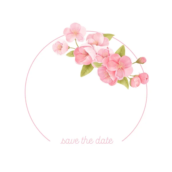 Sakura flores banner quadro floral realista. Projeto de cartão de casamento vetorial de flor de cereja. Ilustração de flor de primavera —  Vetores de Stock