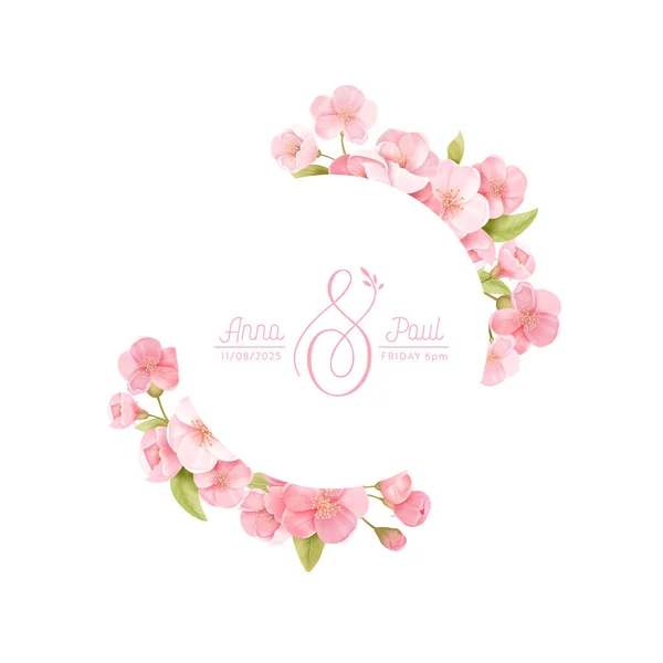Floral wreath with realistic cherry flowers, exotic sakura blossom. Vector spring banner template illustration — Stock Vector