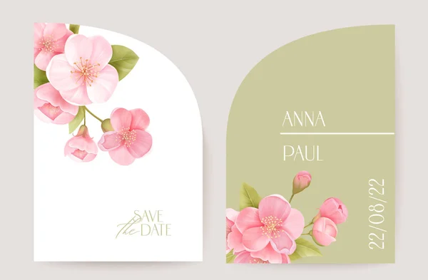 現代の最小限のアール・デコの結婚式ベクトル招待状、植物チェリーブーホーカード。さくらの花、葉のポスター — ストックベクタ