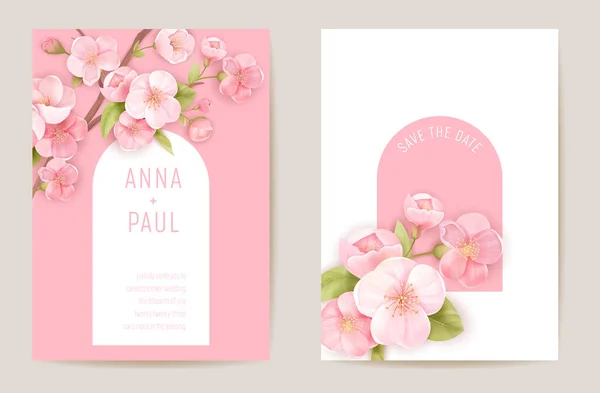 Casamento primavera cereja floral convite, sakura flores cartão. Vetor de modelo mínimo realista —  Vetores de Stock