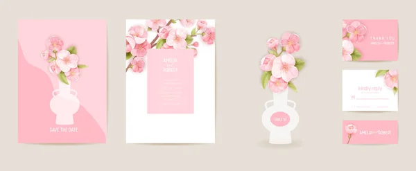 Bruiloft uitnodiging cherry vector kaart. Vintage sakura botanische Save the Date set. Ontwerp sjabloon van bloemen — Stockvector