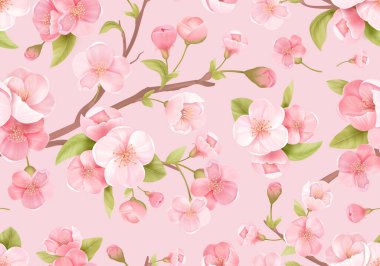 Gerçekçi pembe Sakura çiçeği kusursuz bir arka plan. Japon kiraz çiçekli egzotik dokusu. Bahar çiçekleri