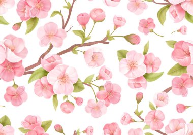 Gerçekçi pembe Sakura çiçeği kusursuz bir arka plan. Japon kiraz çiçekli egzotik dokusu. Bahar çiçekleri