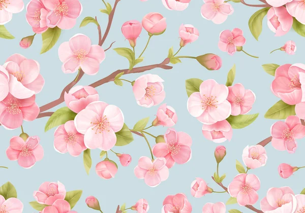 Fondo sin costuras de flor de Sakura rosa o cerezo floreciente japonés. Flores de primavera, patrón de hojas — Vector de stock