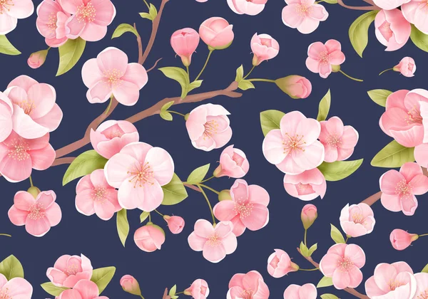 Realistische roze Sakura bloesem naadloze achtergrond. Japanse bloeiende kers exotische textuur. Voorjaarsbloemen — Stockvector