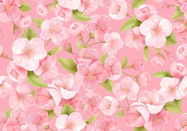 Fond sans couture de fleur Sakura rose ou de cerisier à fleurs japonais. Fleurs de printemps, motif de feuilles — Image vectorielle