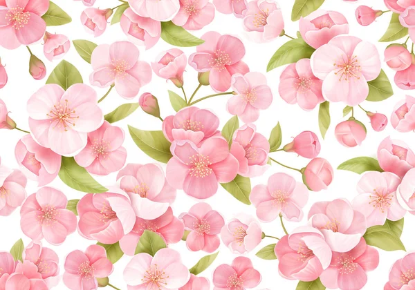 Seamless background of pink Sakura blossom or Japanese flowering cherry. Spring flowers, leaves pattern — Stock Vector
