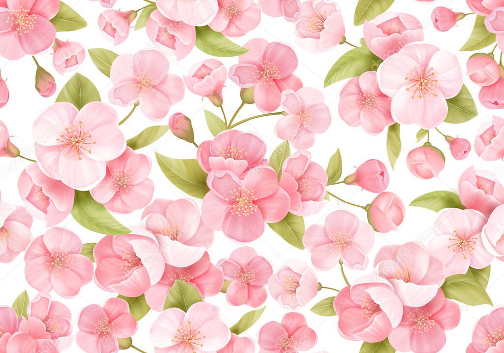 Seamless background of pink Sakura blossom or Japanese flowering cherry. Spring flowers, leaves pattern