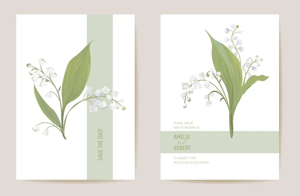 Hochzeitslilie blumig Save the Date set. Vektor Frühlingsblumen, Blätter Boho Einladungskarte. Vorlage: Aquarell — Stockvektor