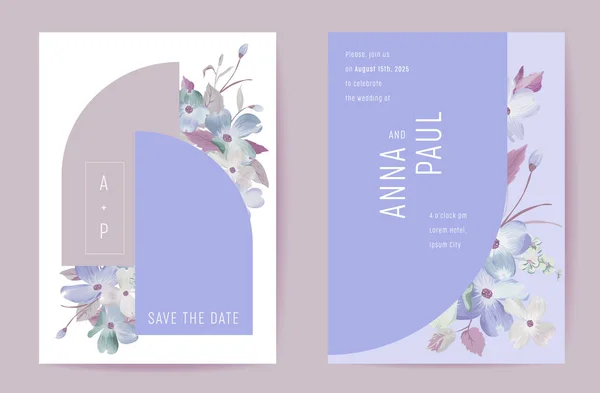 Boda floral invitación tarjeta botánica. Afiche de flor de primavera boho, conjunto de marcos, plantilla moderna mínima violeta — Archivo Imágenes Vectoriales