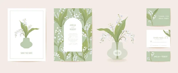 Moderno minimalista Art Deco vector de la boda Conjunto de invitación. Plantilla de tarjeta de flores de lirio Boho.. Cartel de flores pastel primavera — Vector de stock