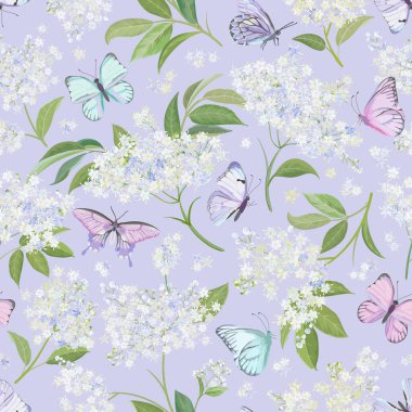 Kusursuz suluboya beyaz mürver çiçekli arka plan. Bahar çiçekleri ve kelebek desenleri