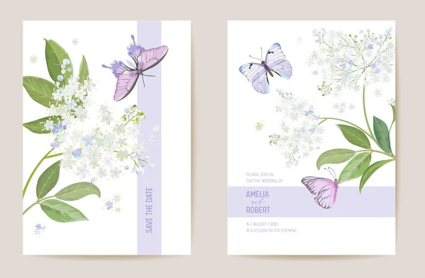 워터 컬러엘 더 베리 꽃 웨딩 카드. 흰색 꽃은 봄의 봄을 상징 한다. 보호 템플릿 틀 — 스톡 벡터