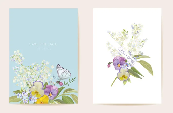 水彩バイオレットパンジーフラワーウェディングカード。ベクトル紫色の春の花の招待状。坊テンプレートフレーム — ストックベクタ