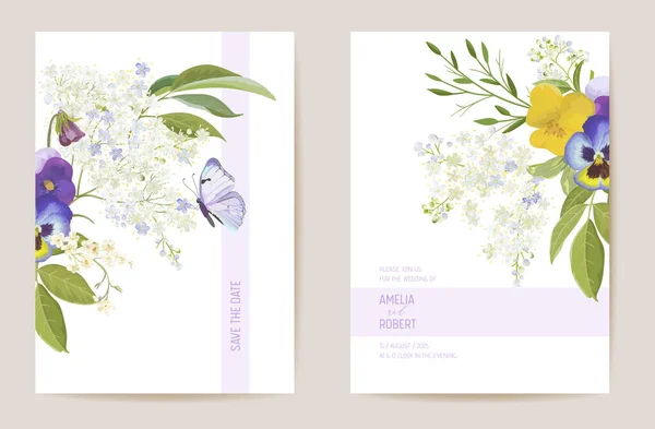 Wedding violet pansy floral Save the Date set. Vector spring flower boho invitation card. Watercolor template frame — Stock Vector