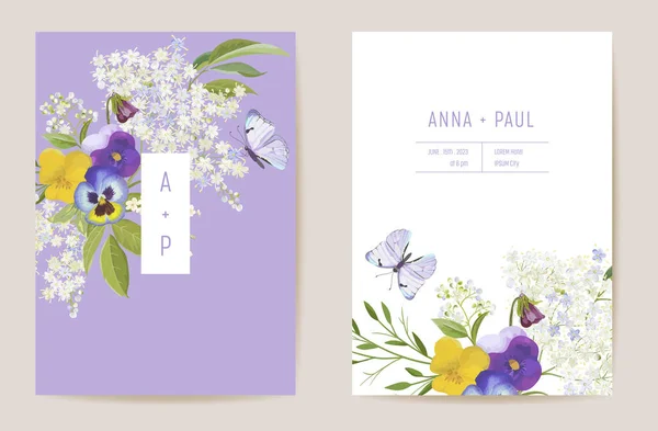 Bröllop violett pensé blommor Spara datum set. Vector fjäder blomma boho inbjudan kort. Mallram för akvarell — Stock vektor