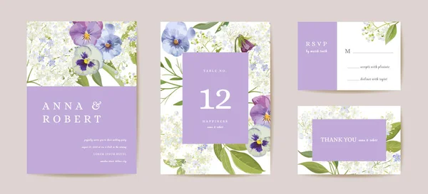 Bruiloft violette viooltje bloem Save the Date set. Vector paarse lente bloemen boho uitnodiging kaart — Stockvector