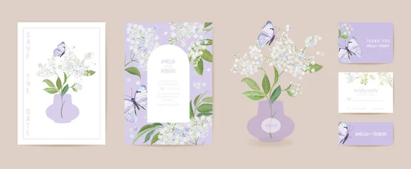 Tarjeta de boda floral acuarela saúco y mariposa. Vector blanco primavera flores invitación — Vector de stock