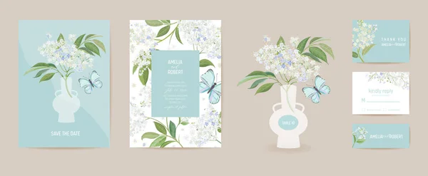 Casamento sabugueiro e borboleta floral Save the Date set. Vetor branco primavera flores boho convite cartão — Vetor de Stock