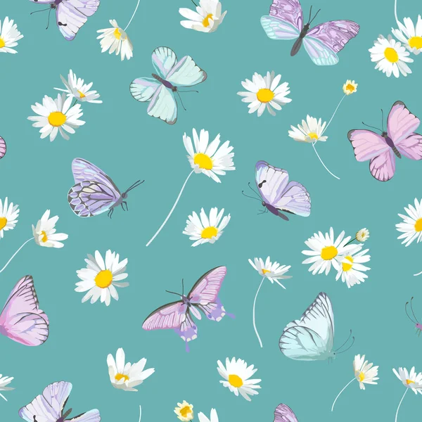 Flores de margarita de primavera y fondo vector mariposa. Patrón de acuarela floral sin costuras — Vector de stock