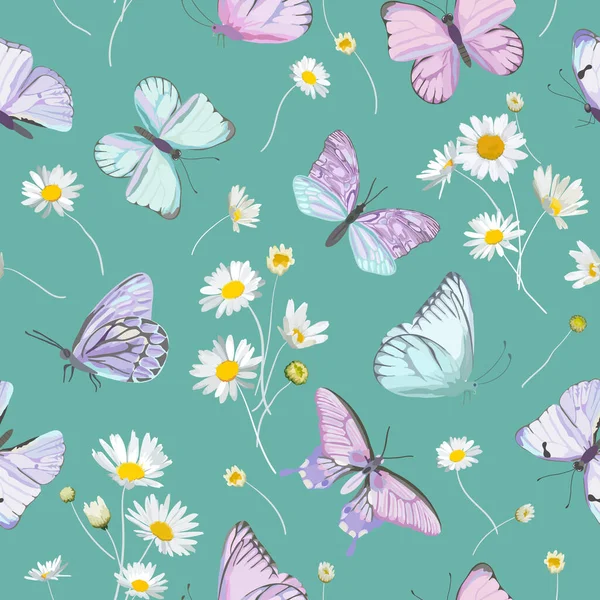 Daisy bloemen en vlinder vector achtergrond. Naadloze lente bloemen aquarel patroon — Stockvector