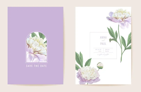 Casamento peony floral Save the Date set. Flores de primavera de vetor, folhas boho cartão de convite. Modelo de aquarela —  Vetores de Stock