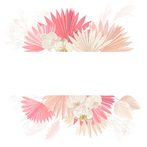水彩花婚礼矢量框架。潘帕斯草、兰花、干棕榈叶边框模板 — 图库矢量图片