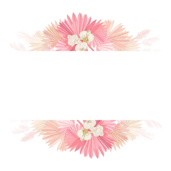 Cadre vectoriel de mariage floral aquarelle. Pampas herbe, fleurs d'orchidée, modèle de bordure de feuilles de palmier sec — Image vectorielle