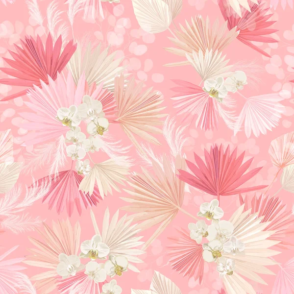 Patrón floral tropical acuarela inconsútil, hojas de palma secas pastel, flor tropical boho, orquídea — Vector de stock