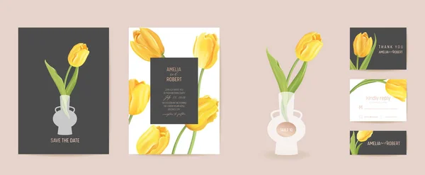 Hochzeitseinladung. Moderne Tulpenblume Save the Date set. Vektor minimale Federkarte — Stockvektor