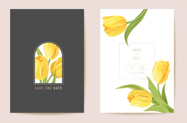 Casamento floral moderna tulipa vetor Convite. Flower Save the Date set. cartão de mola mínima —  Vetores de Stock