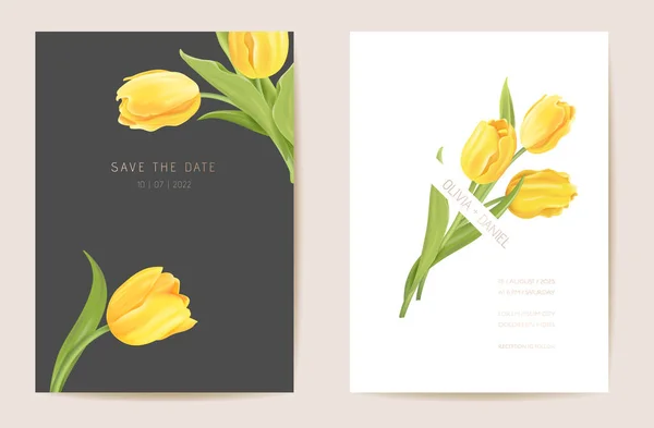 Bruiloft moderne tulp bloem Save the Date set. Vector minimale voorjaar bloemen uitnodiging kaart — Stockvector