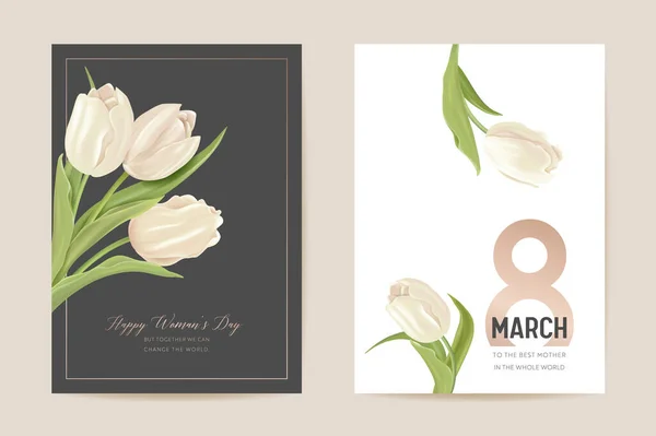 Kvinna dag 8 Mars semesterkort. Våren blommig vektor illustration. Hälsning realistisk tulpan blommor mall — Stock vektor