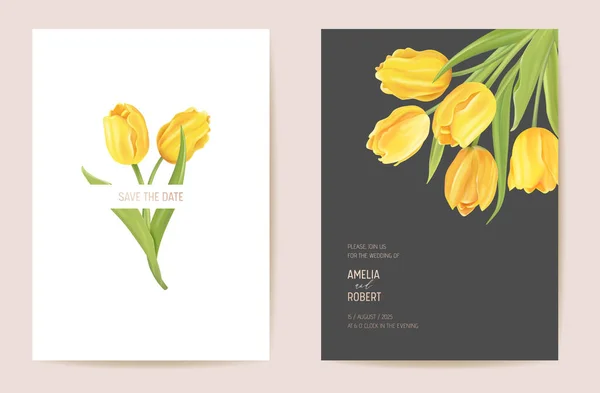 Hochzeitseinladung. Moderne Tulpenblume Save the Date set. Vektor minimale Federkarte — Stockvektor