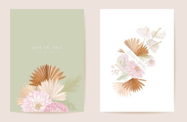 Suluboya yıldız çiçeği, otlar, ay çiçeği düğün kartı. Vektör egzotik çiçek, tropik palmiye yaprakları