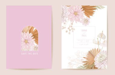 Düğün kurumuş ay ışığı, yıldız çiçeği, pampa çiçeği tarihi kaydedin. Vektör egzotik kuru çiçek, palmiye yaprakları