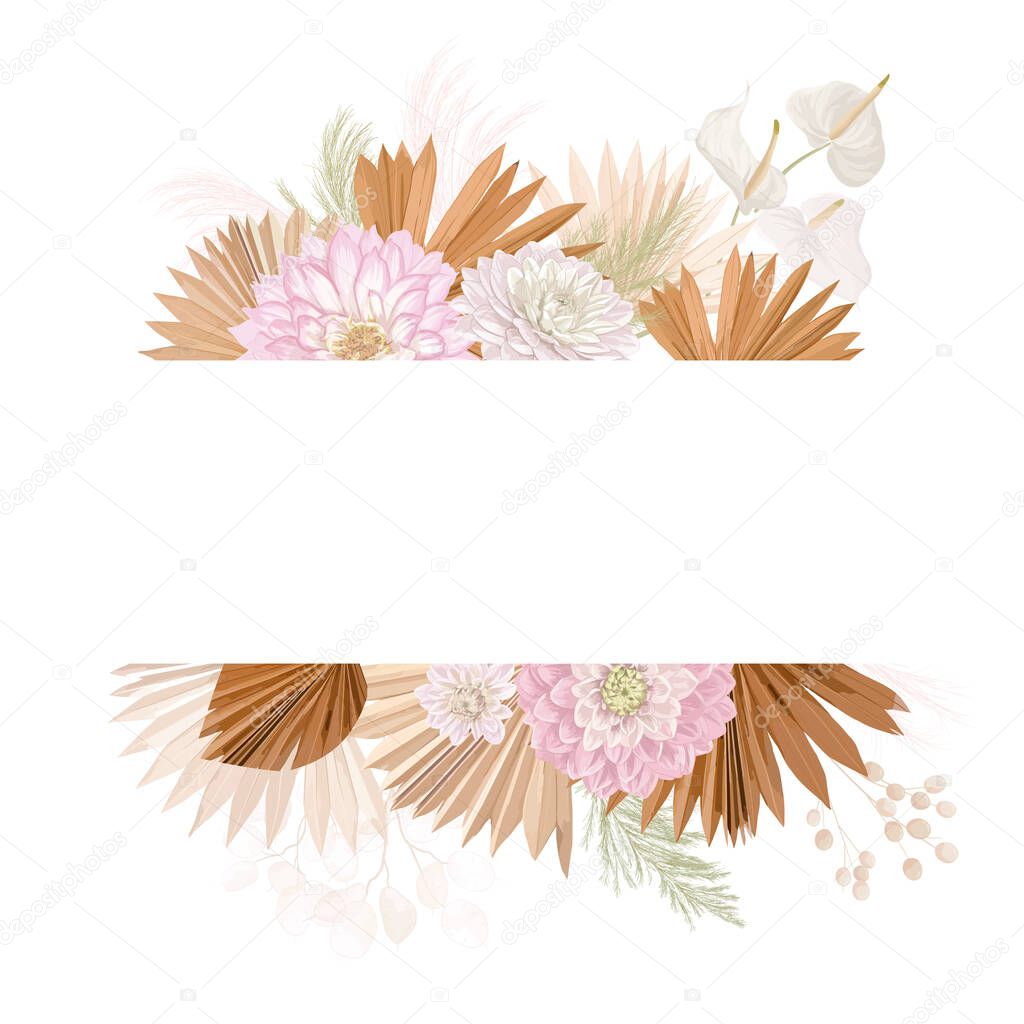 Watercolor floral wedding vector frame. Pampas grass, dalia flowers, dry palm leaves border template