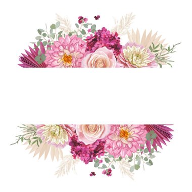 Çiçekli düğün vektör çerçevesi. Pampa otları, gül, yıldız çiçekleri lüks tasarım, kuru palmiye yaprakları