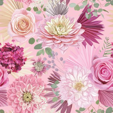 Suluboya yıldız çiçeği, gül çiçeği, palmiye yaprakları, pampa otları, kusursuz arka plan. Hawaii kurumuş çiçekleri