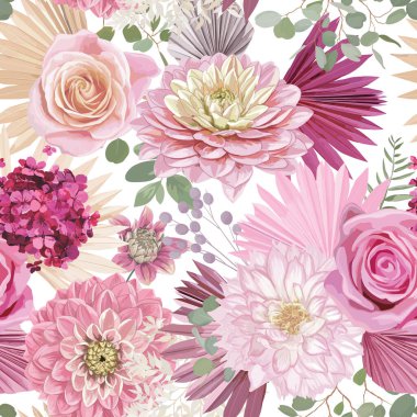 Suluboya yıldız çiçeği, gül çiçeği, palmiye yaprakları, pampa otları, kusursuz arka plan. Hawaii kurumuş çiçekleri