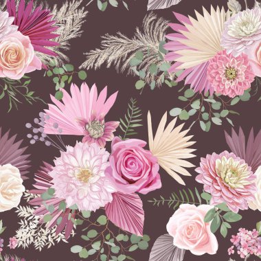 Kırsal kurumuş çiçek deseni. Suluboya yıldız çiçeği, gül çiçeği, palmiye yaprakları, pampa otları, dikişsiz vektör