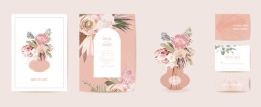 Modern Art Deco düğün vektörü davetiyesi seti. Boho orkidesi, pampas otu, protea kartı şablonu