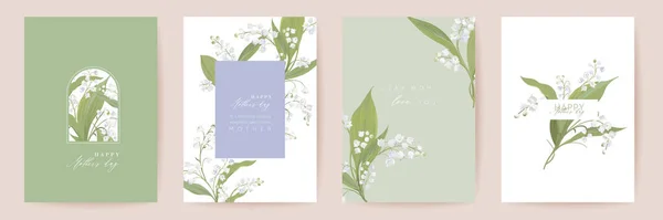 Muttertag Aquarellkarte Set vorhanden. Gruß Mama minimalistisches Postkartendesign. Vektor weiße Lilienblüten Vorlage — Stockvektor