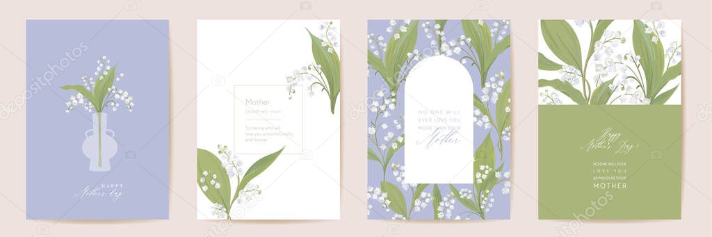 Watercolor Mother day card set. Greeting mom minimal postcard design. Vector white lily flowers template