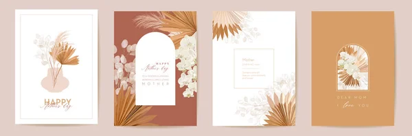 Muttertag Aquarellkarte Set vorhanden. Gruß Mama minimalistisches Postkartendesign. Vektor tropische Blumen, Palmblätter — Stockvektor