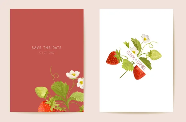 Boda fresa floral vector tarjeta, baya exótica, flores, hojas de invitación. Marco de plantilla de acuarela — Vector de stock