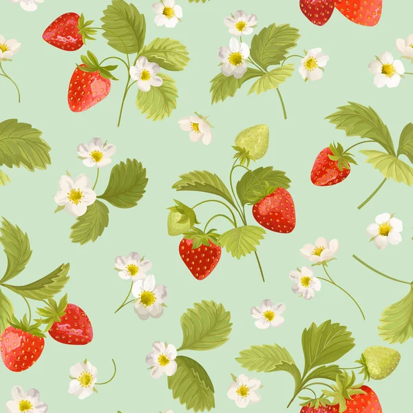 Aardbeien patroon met bloemen, wilde bessen, bladeren achtergrond. Vector naadloze textuur illustratie — Stockvector