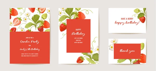 Tarjeta de invitación de cumpleaños, set de fresas vintage botánico Save the Date. Plantilla diseño de frutas — Archivo Imágenes Vectoriales